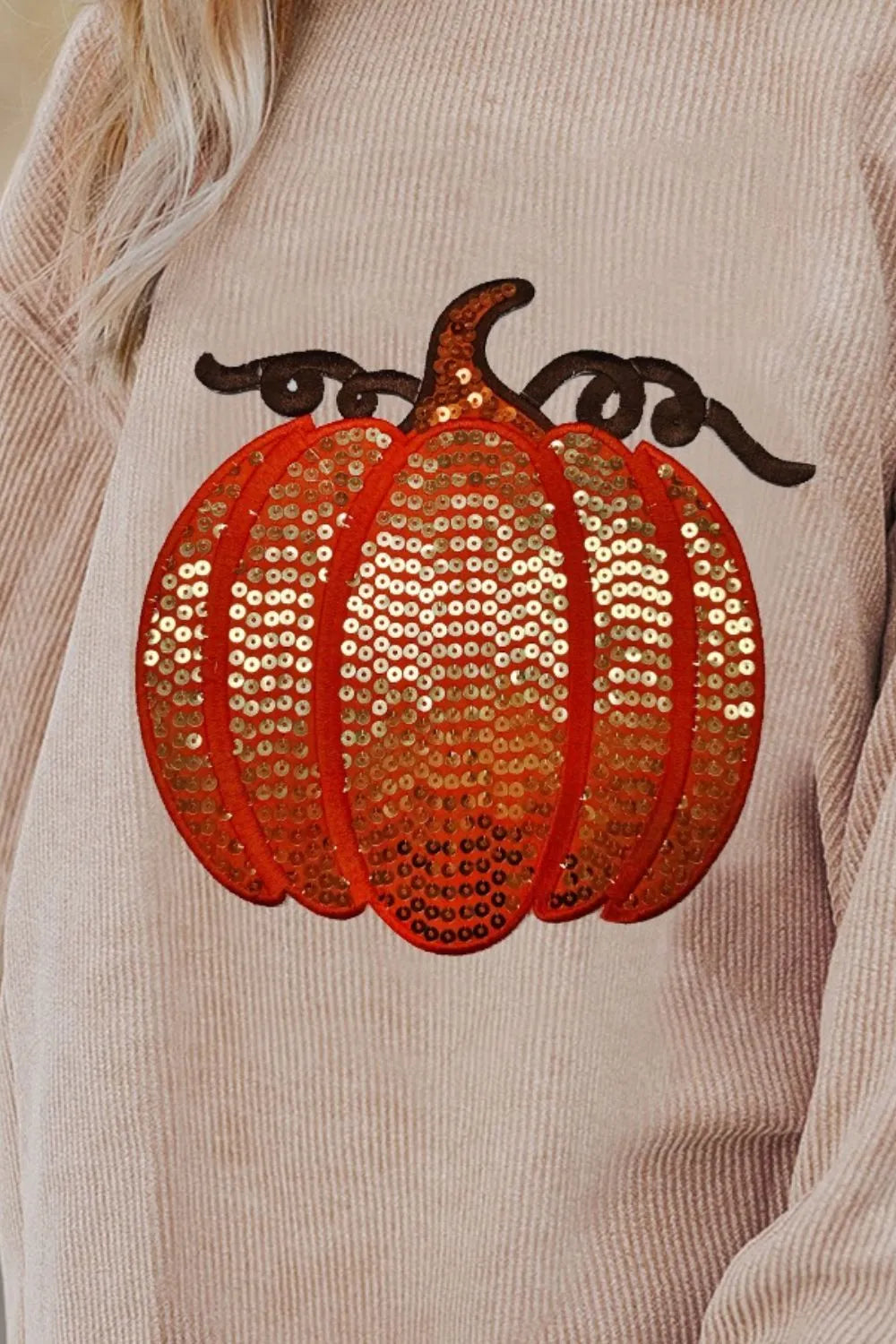 Women's Sequin Pumpkin Round Neck Long Sleeve Ribbed Sweatshirt