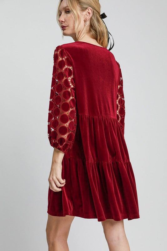Dotted Lace Sleeve Tiered Velvet Mini Dress in Burgundy