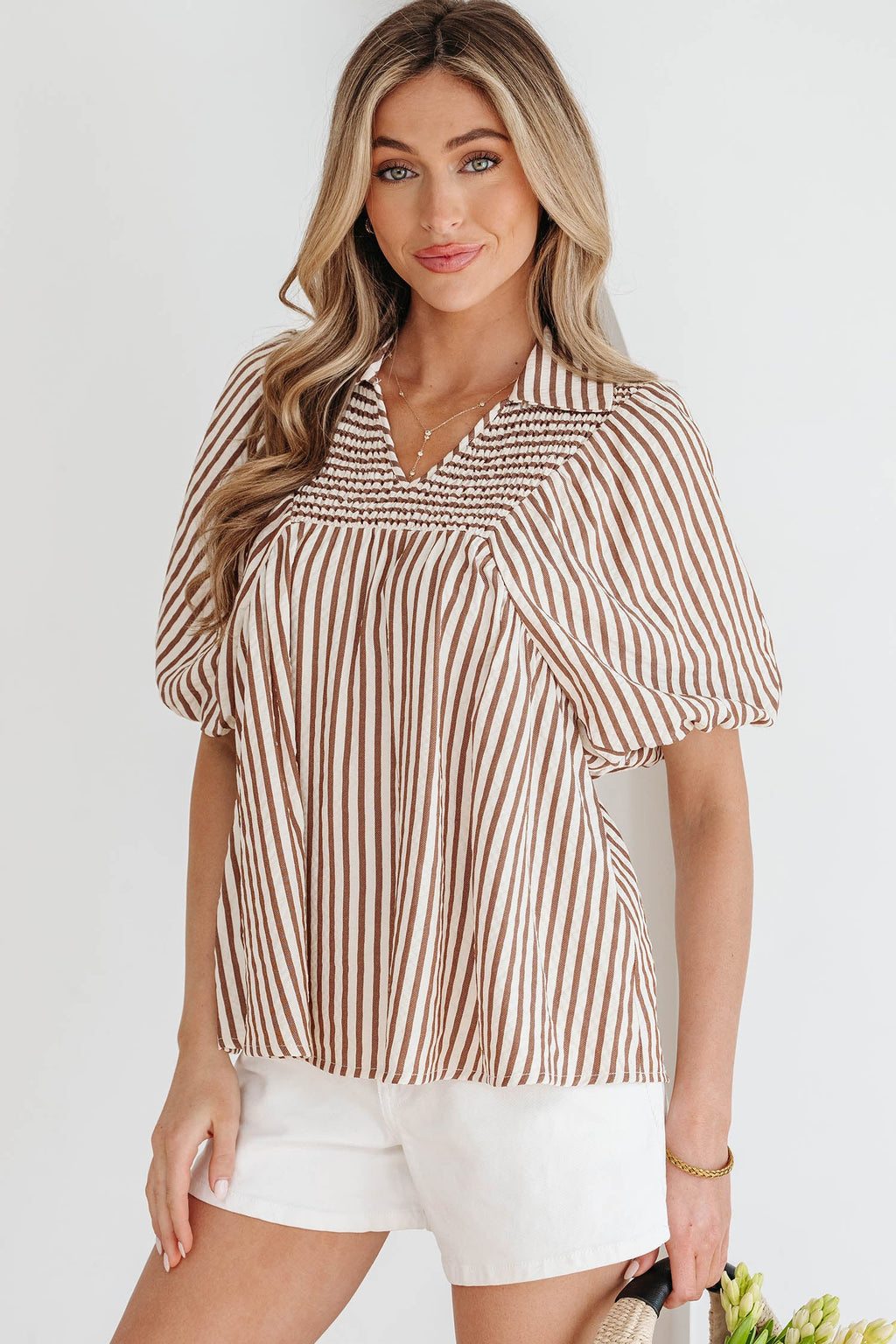 Stripe Shirred V-Neck Blouse with Short Puff Sleeves