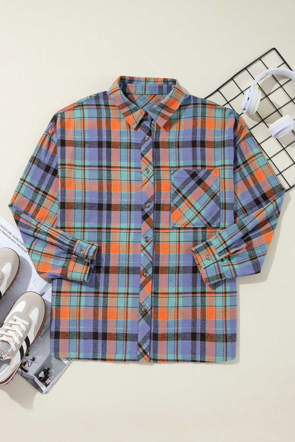 Women's Red Plaid Print Drop Sleeve Loose Shirt Casual Top