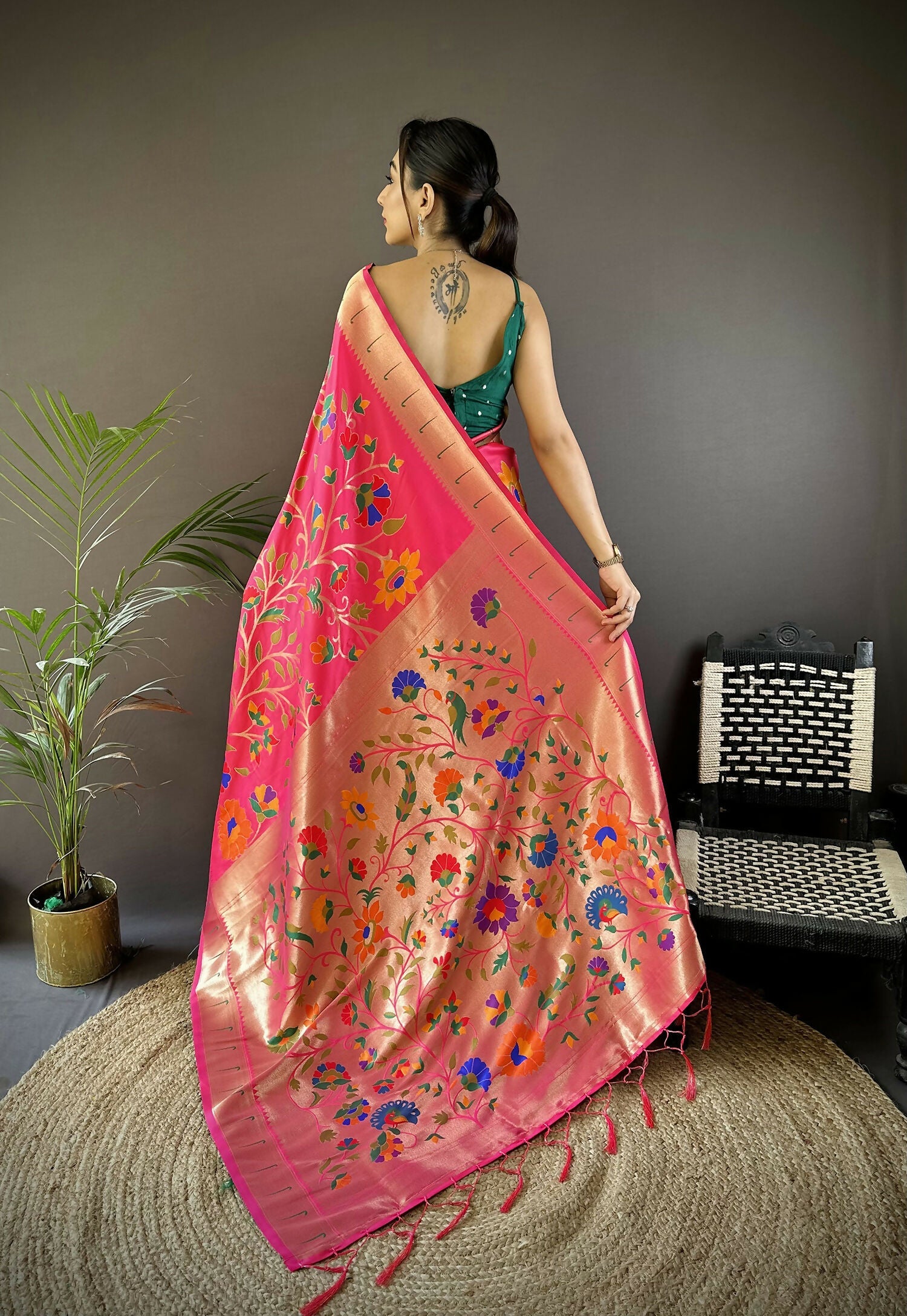 Reddish Pink Soft Silk Paithani Saree with Zari Motifs