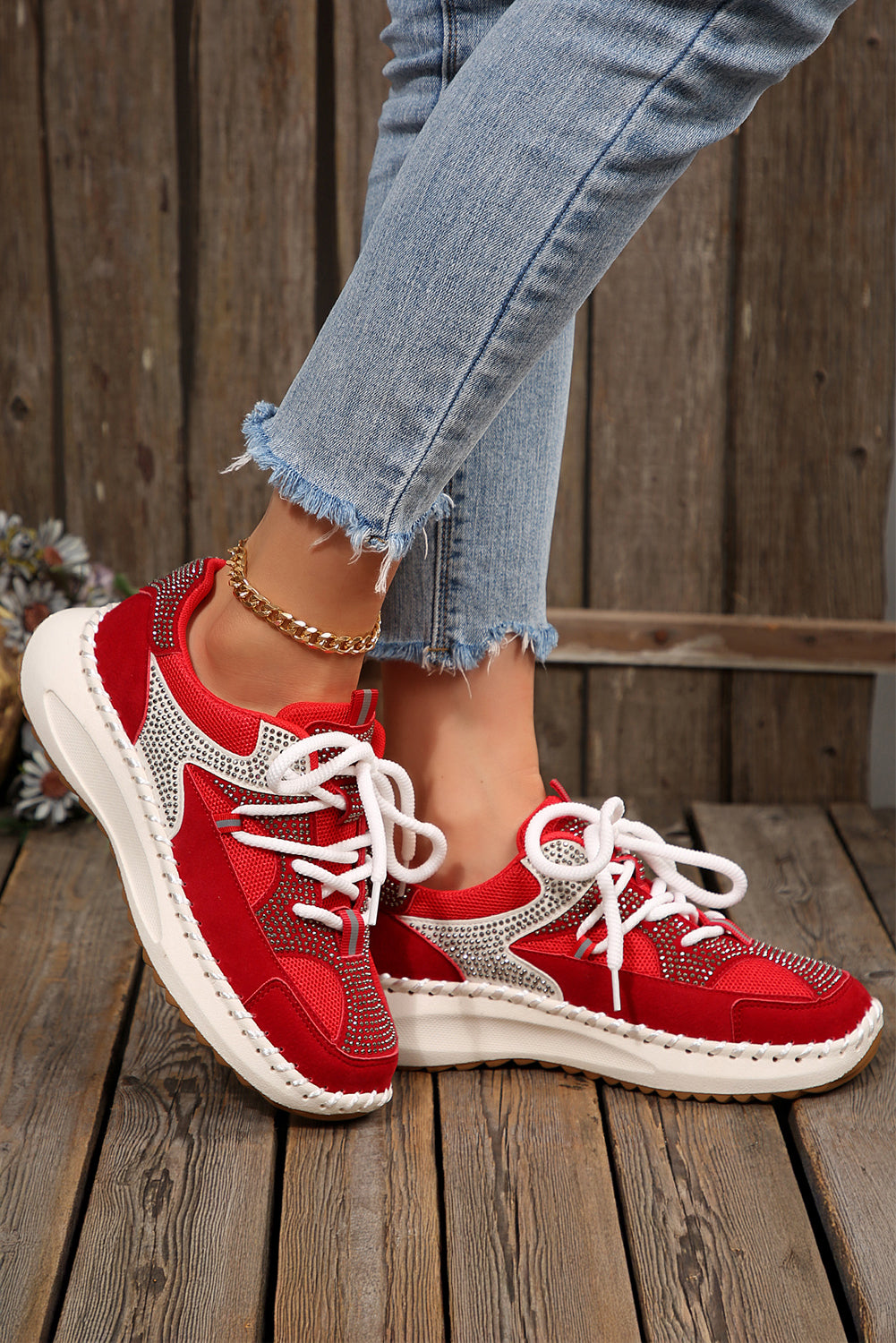 White Rhinestone Platform Sneakers Casual Lace Up Trainers