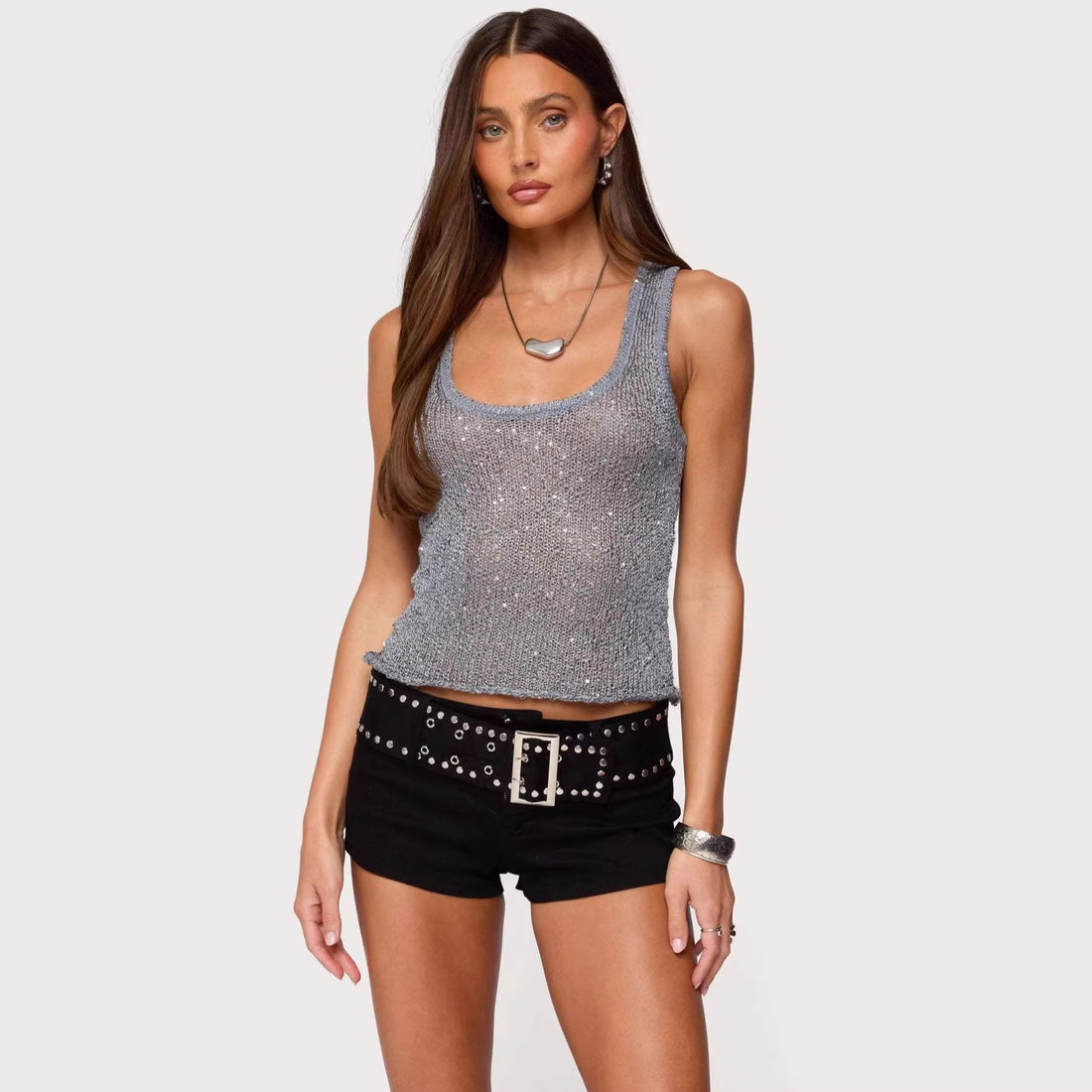 Women's Sequin Deep V-Neck Strappy Tank Top – 3 Colors S–L