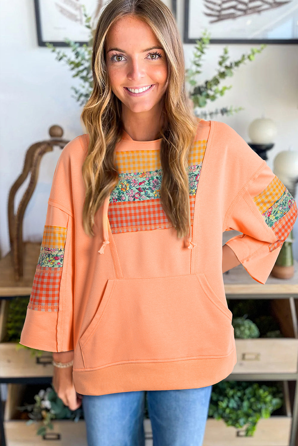 Grapefruit Orange Plaid Floral Patchwork Kangaroo Pocket Hooded Top