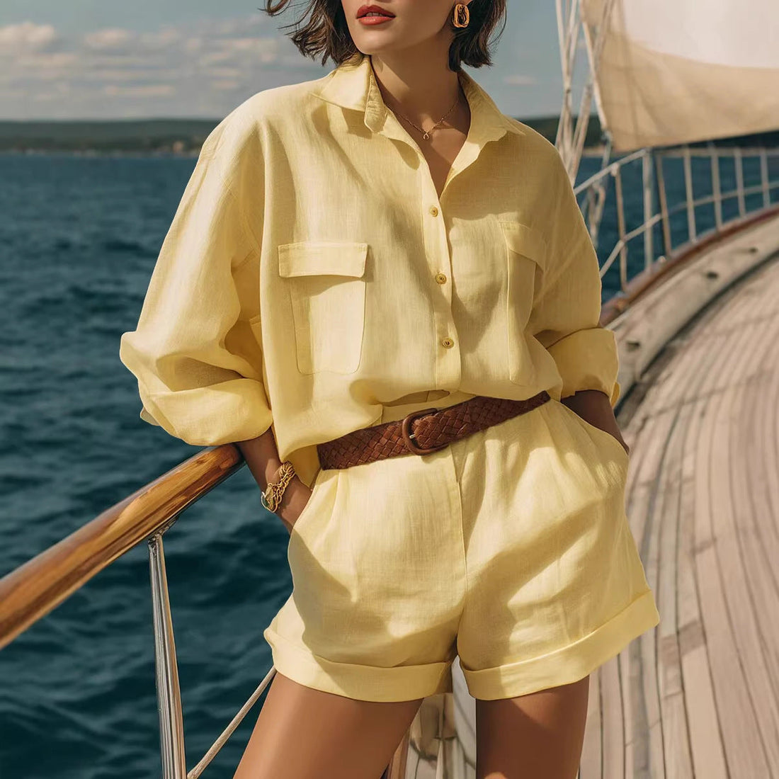 A woman wearing a matching loose-fit button-down shirt and shorts set on a sailboat