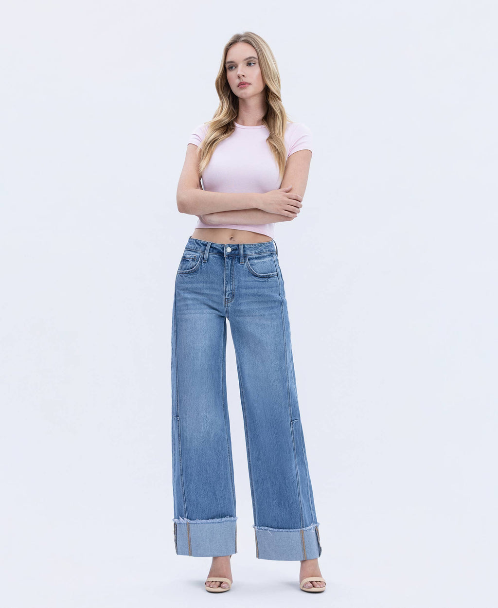 Mia High Rise Cuffed Wide Leg Jeans in Medium Wash Blue Denim