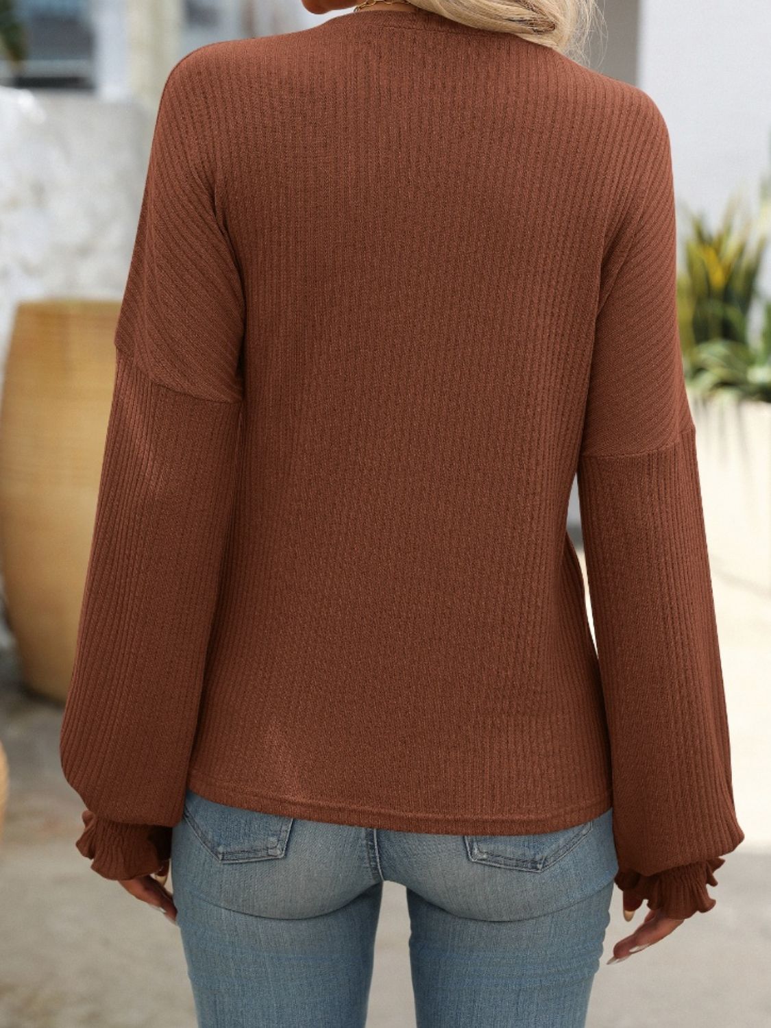 Mandy Ribbed Round Neck Long Sleeve T-Shirt in Mocha - Image 15