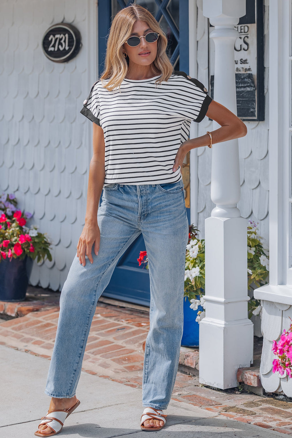 Stripe Buttoned Shoulder Cuffed Short Sleeve Tee