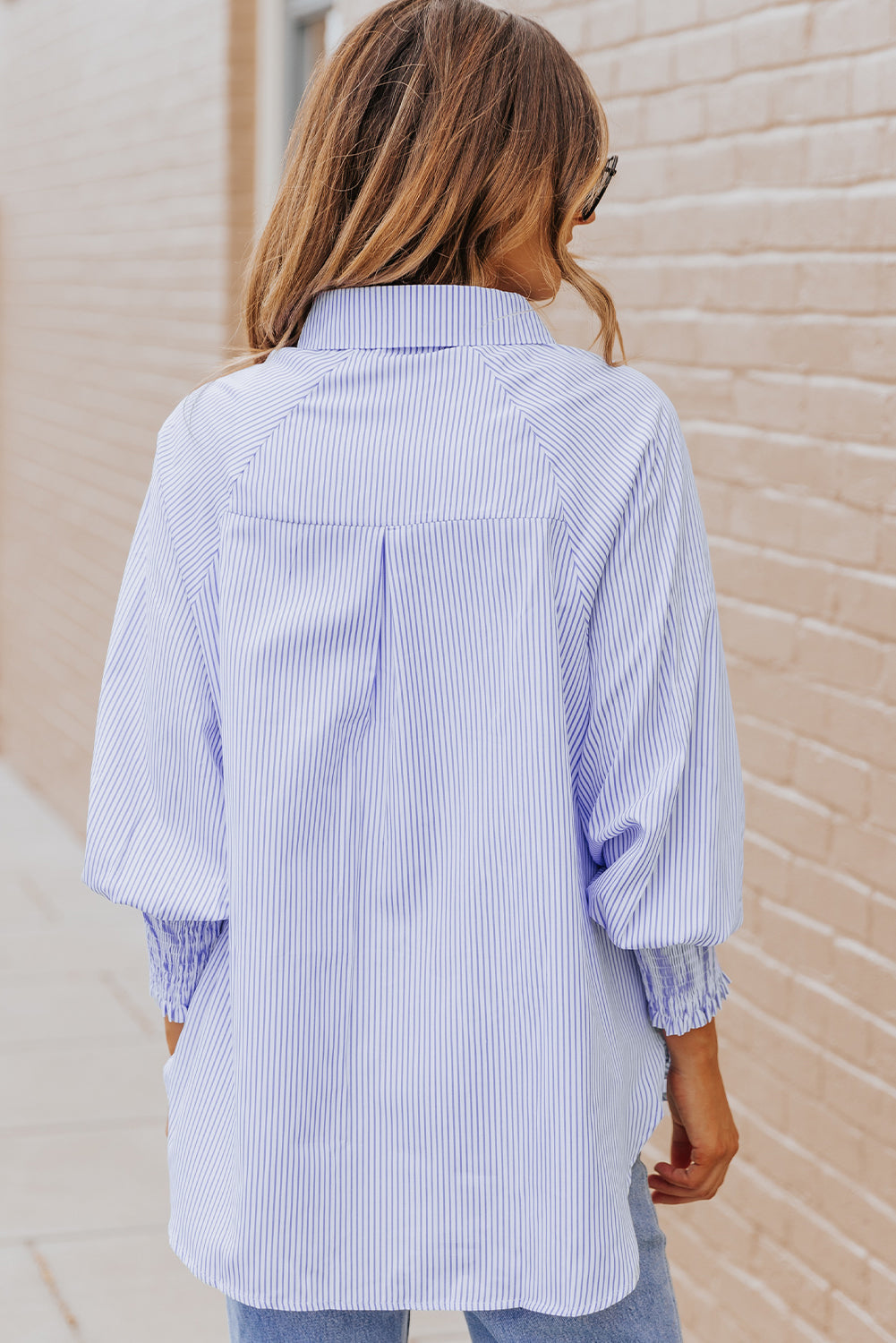 Blue Striped Casual Shirt with Shirred Cuffs | Polyester