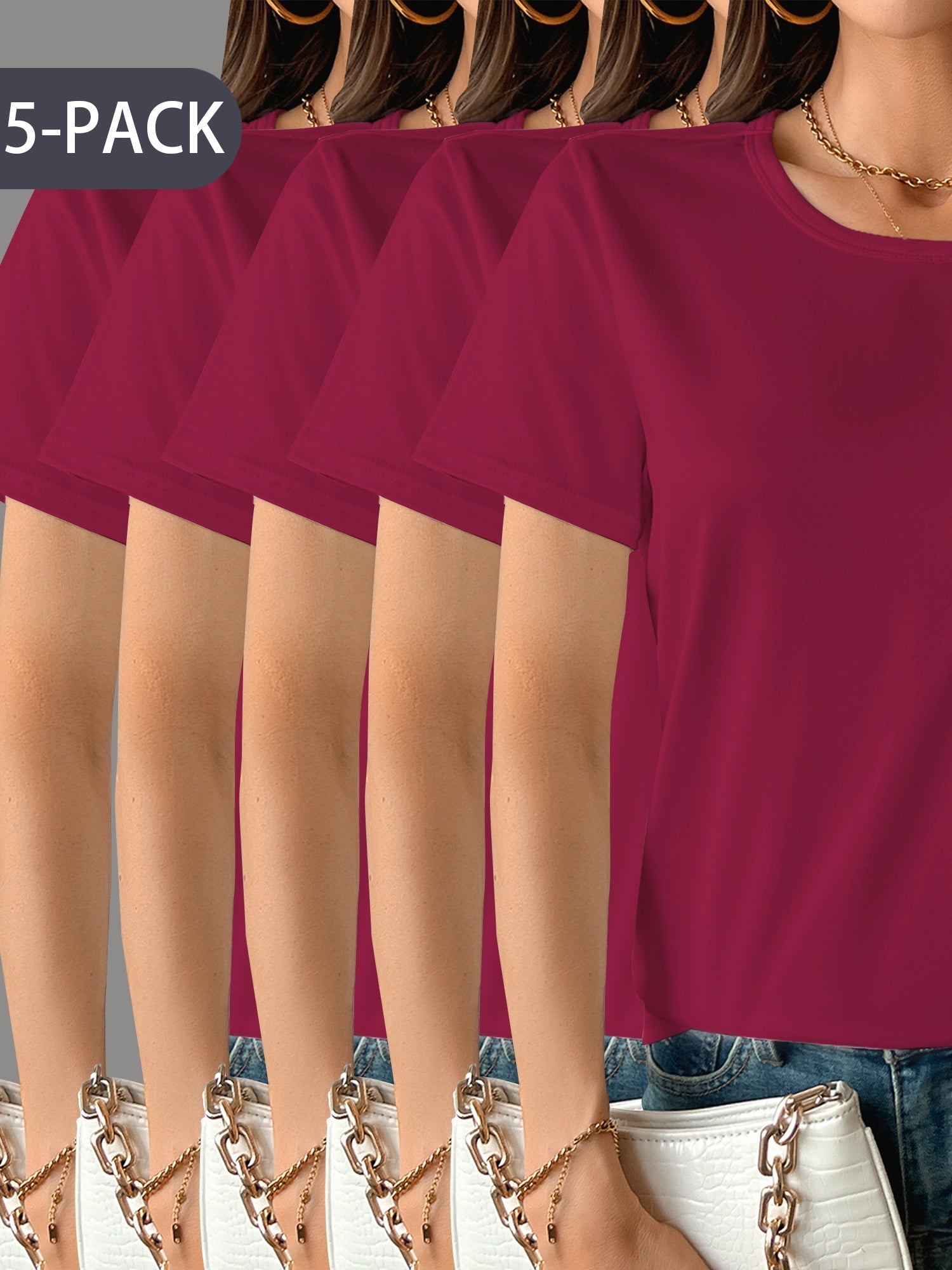 Womens 5 Pack Soft Stretch Casual Round Neck T-Shirts - Image 4