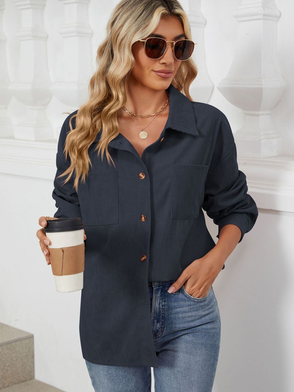 Rayon Button Up Dropped Shoulder Long Sleeve Shirt