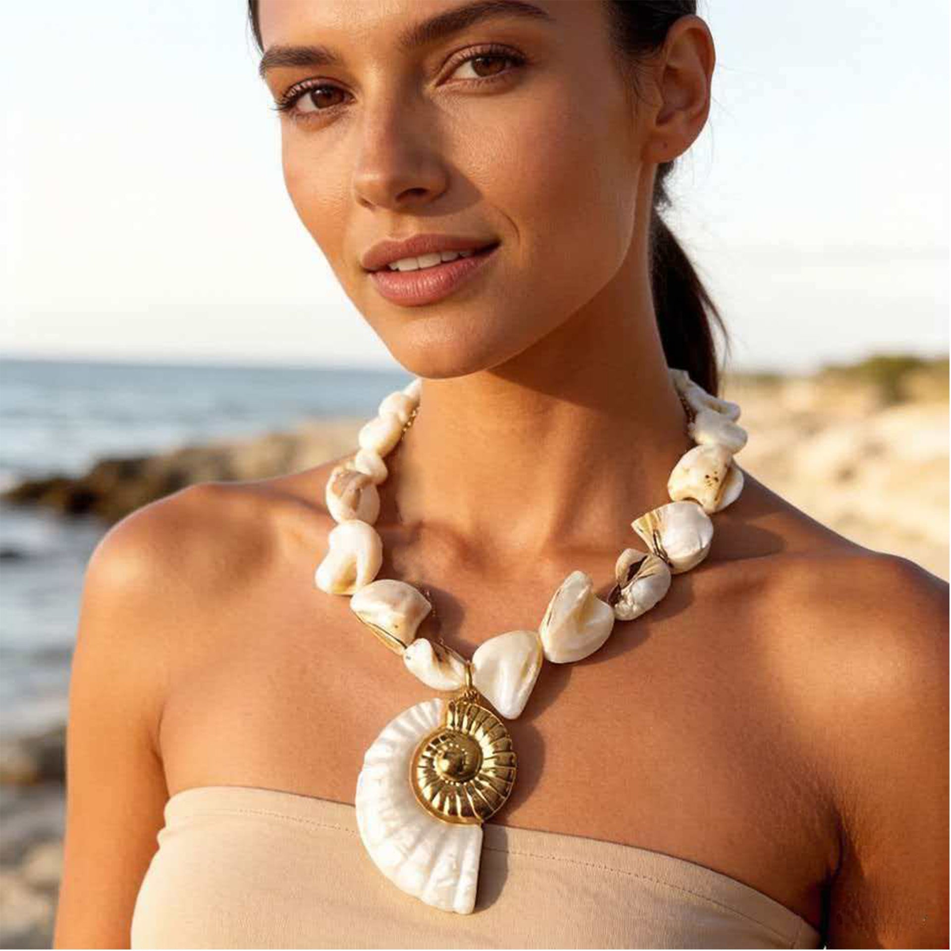 Gold stainless steel coastal pendant necklace featuring natural shells on a white background