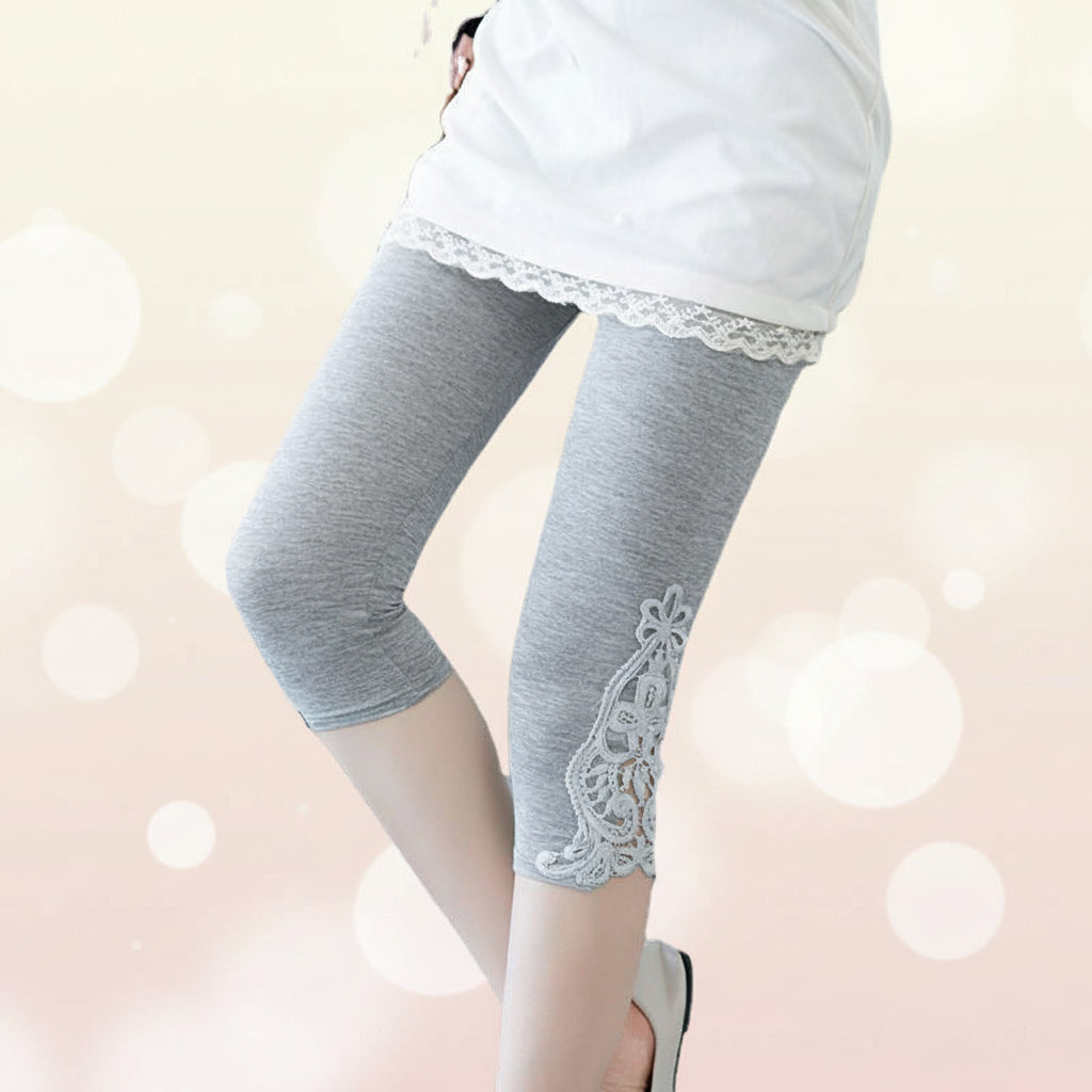 Women’s Lace Trim Stretch Leggings Solid Knit Bottoming Pants