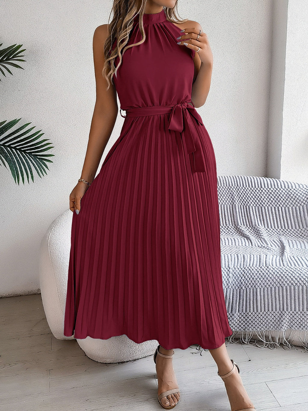 Elegant Sleeveless Midi Dress in Pink, Burgundy, and Black