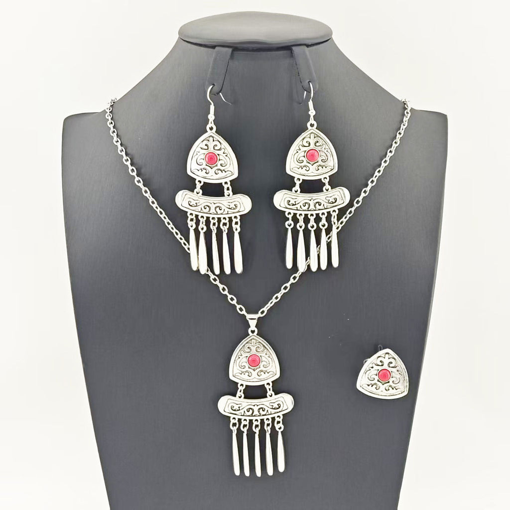 Vintage Bohemian Ethnic Long Tassel Jewelry Set - Retro Exotic Necklace Earrings Ring Set For Women