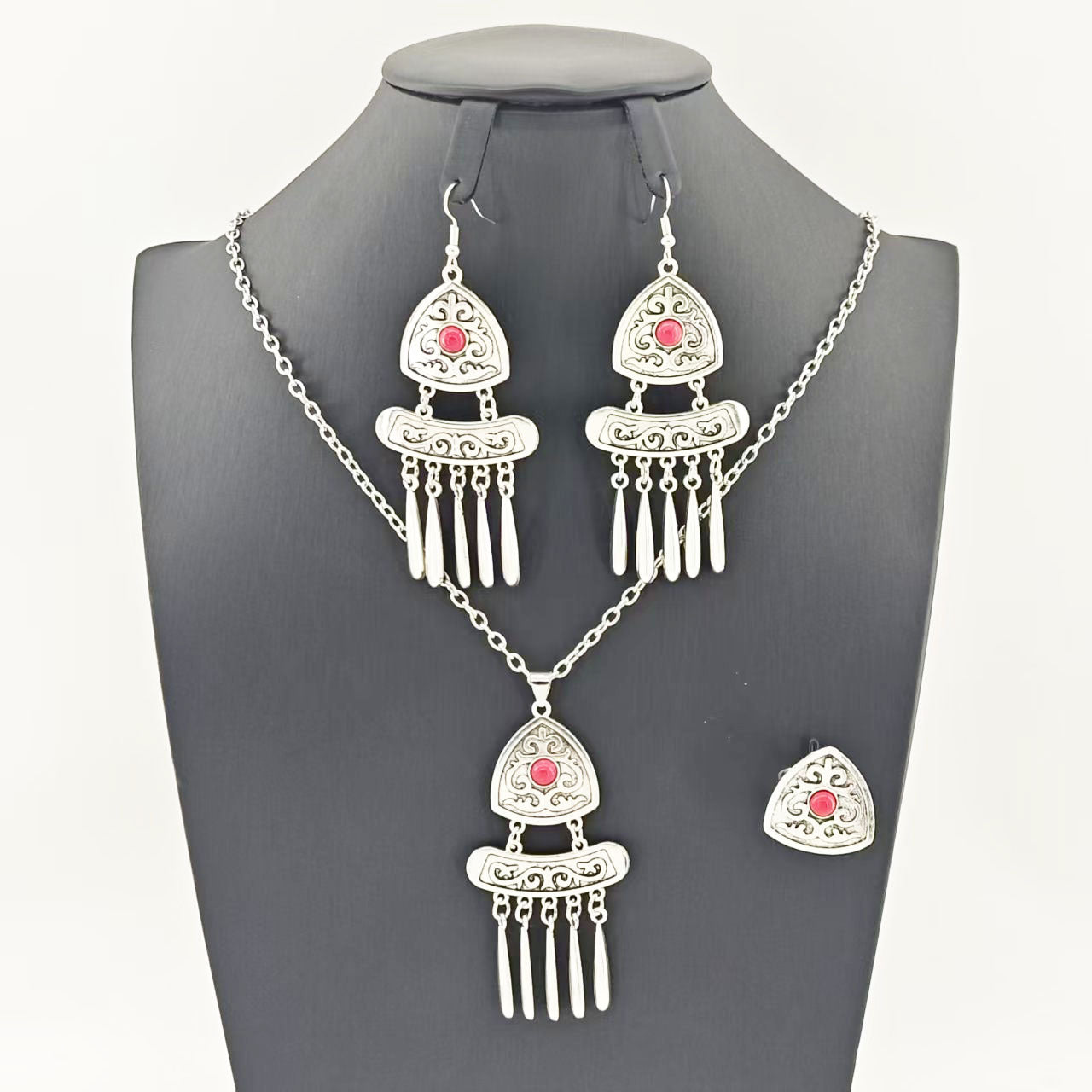 Vintage Bohemian Ethnic Long Tassel Jewelry Set - Retro Exotic Necklace Earrings Ring Set For Women