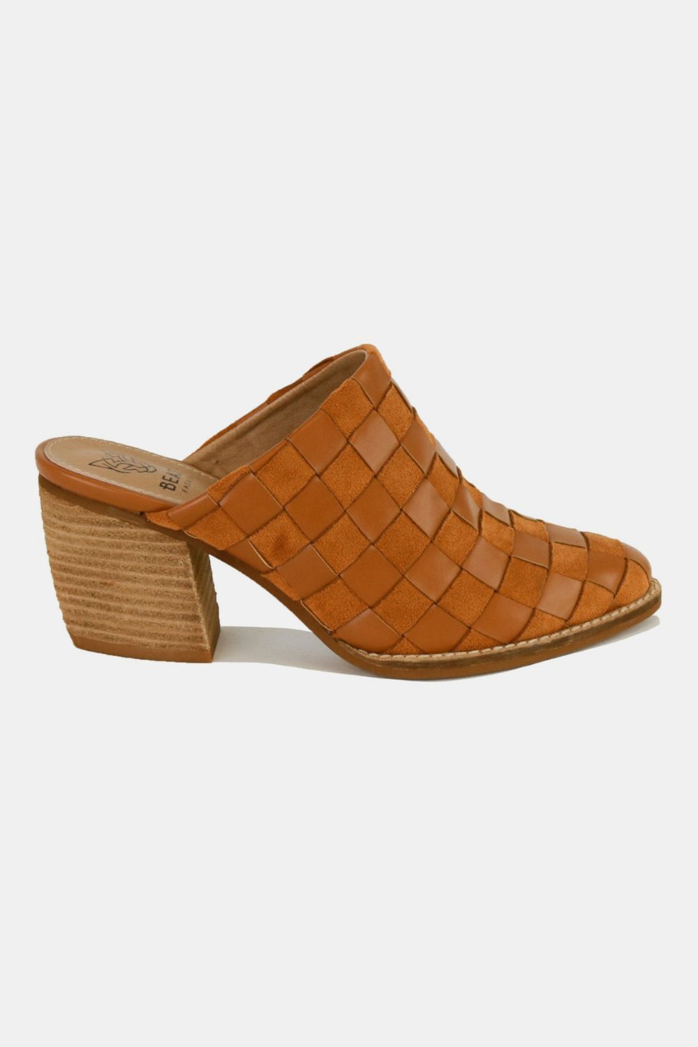 Woven Checkerboard Block Heel Mule Shoes in Tan