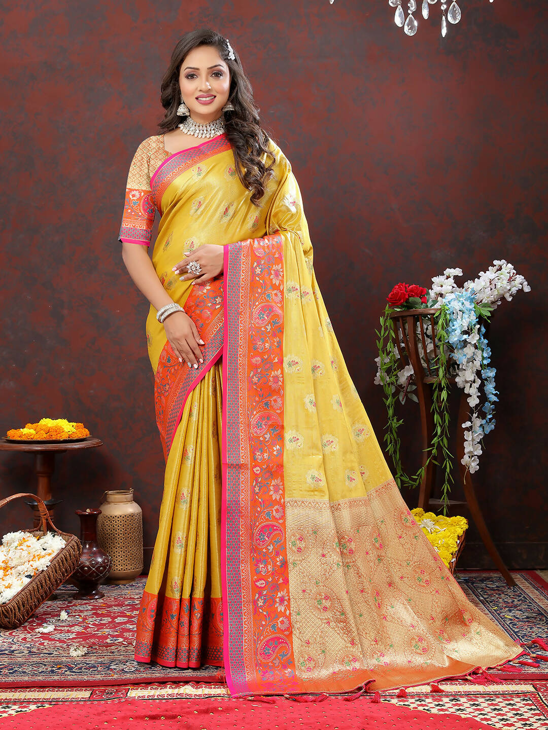 Yellow Kanjivaram Silk Saree with Elegant Zari Weaving