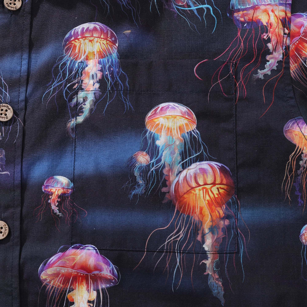 Men's Ocean Hawaiian Short Sleeve Cotton Resort Wear Shirt Jellyfish Print Luminescent Dreams By Amy