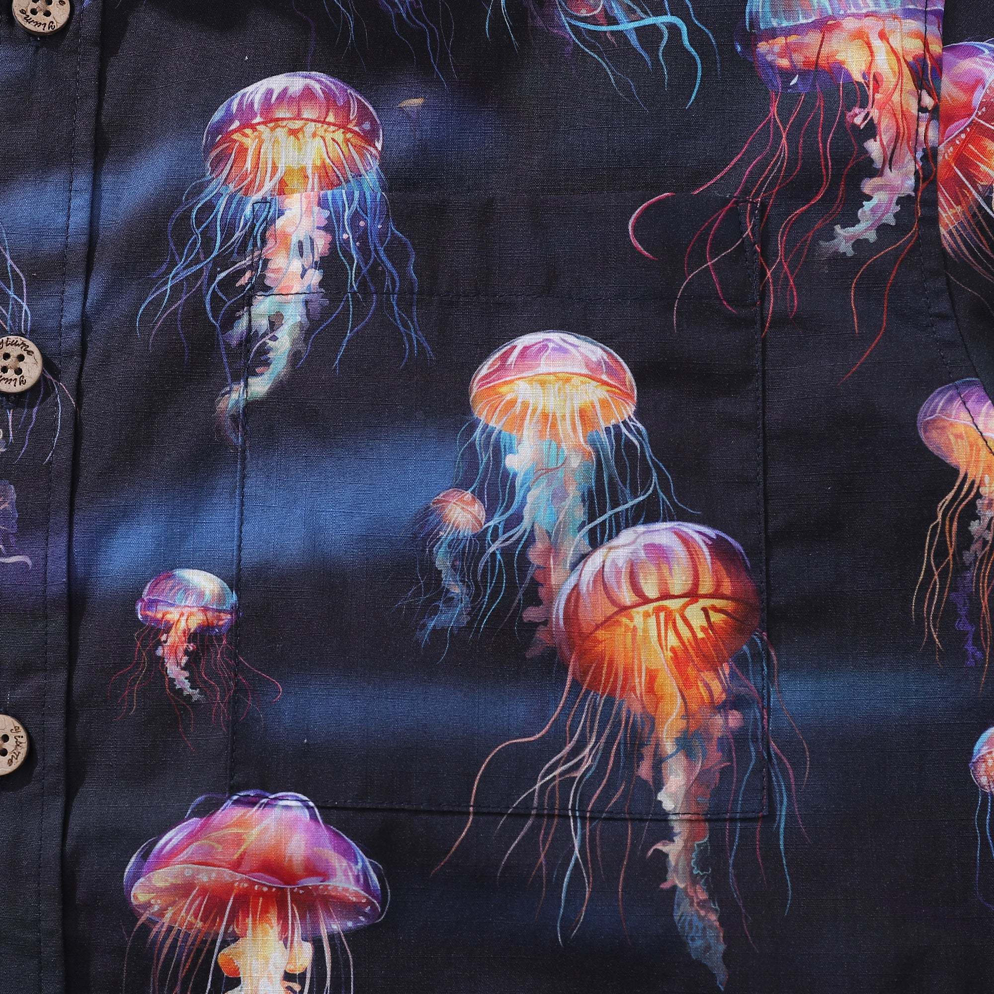 Men's Ocean Hawaiian Short Sleeve Cotton Resort Wear Shirt Jellyfish Print Luminescent Dreams By Amy