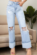 Distressed High Waist Light Blue Jeans | Wide Leg Denim