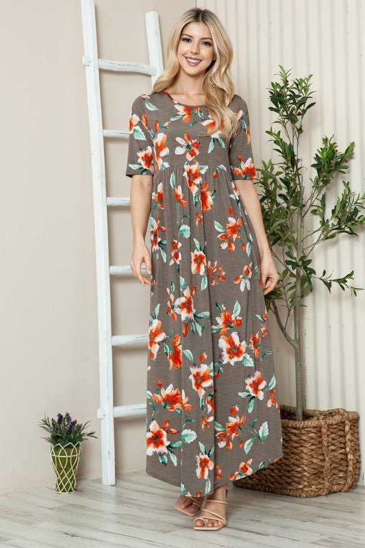 Floral Round Neck Short Sleeve Maxi Tee Dress