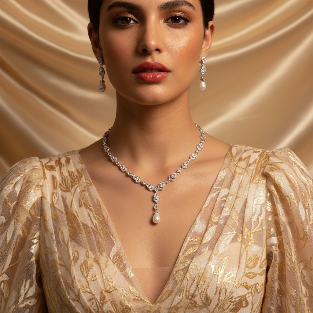 European And American Simple Bridal Jewelry Suit Clavicle Chain Hollow Water Drop Pearl Pendant Necklace Copper Zircon Earrings Accessories