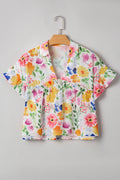 Yellow Floral Boxy V Neck Blouse with Ruffled Short Sleeves