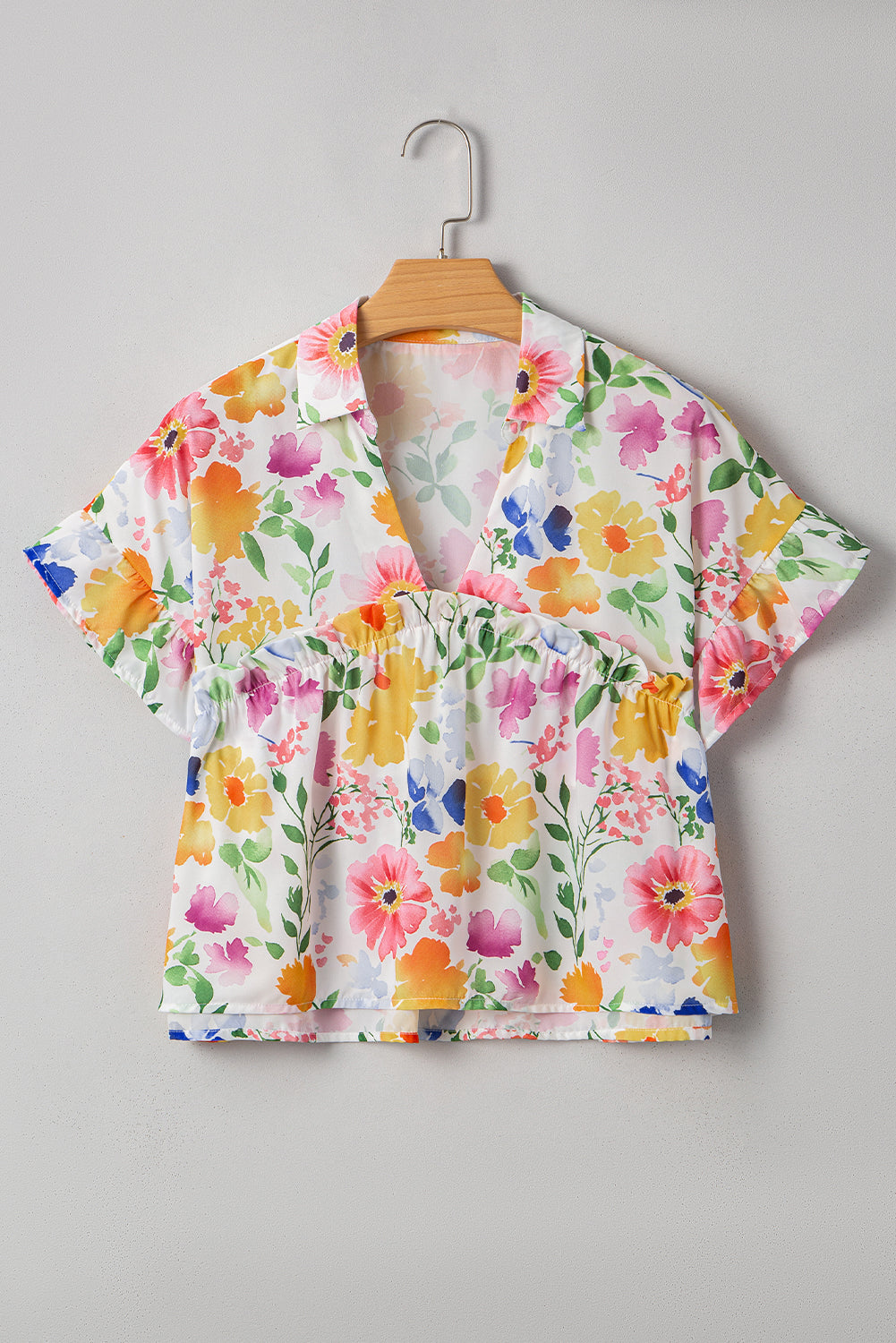 Yellow Floral Boxy V Neck Blouse with Ruffled Short Sleeves