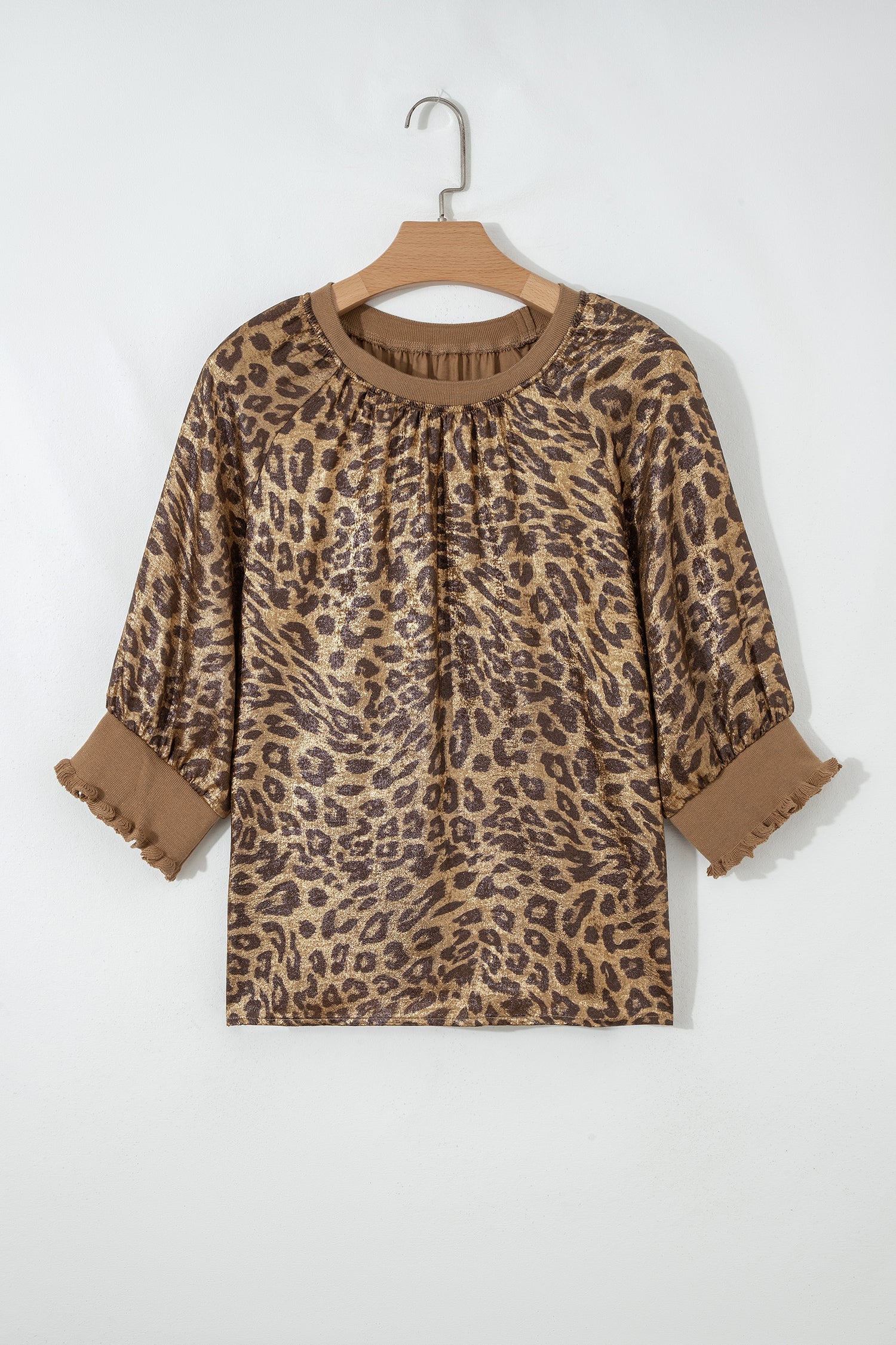 Metallic Leopard Print 3/4 Sleeve Blouse with Button Detail