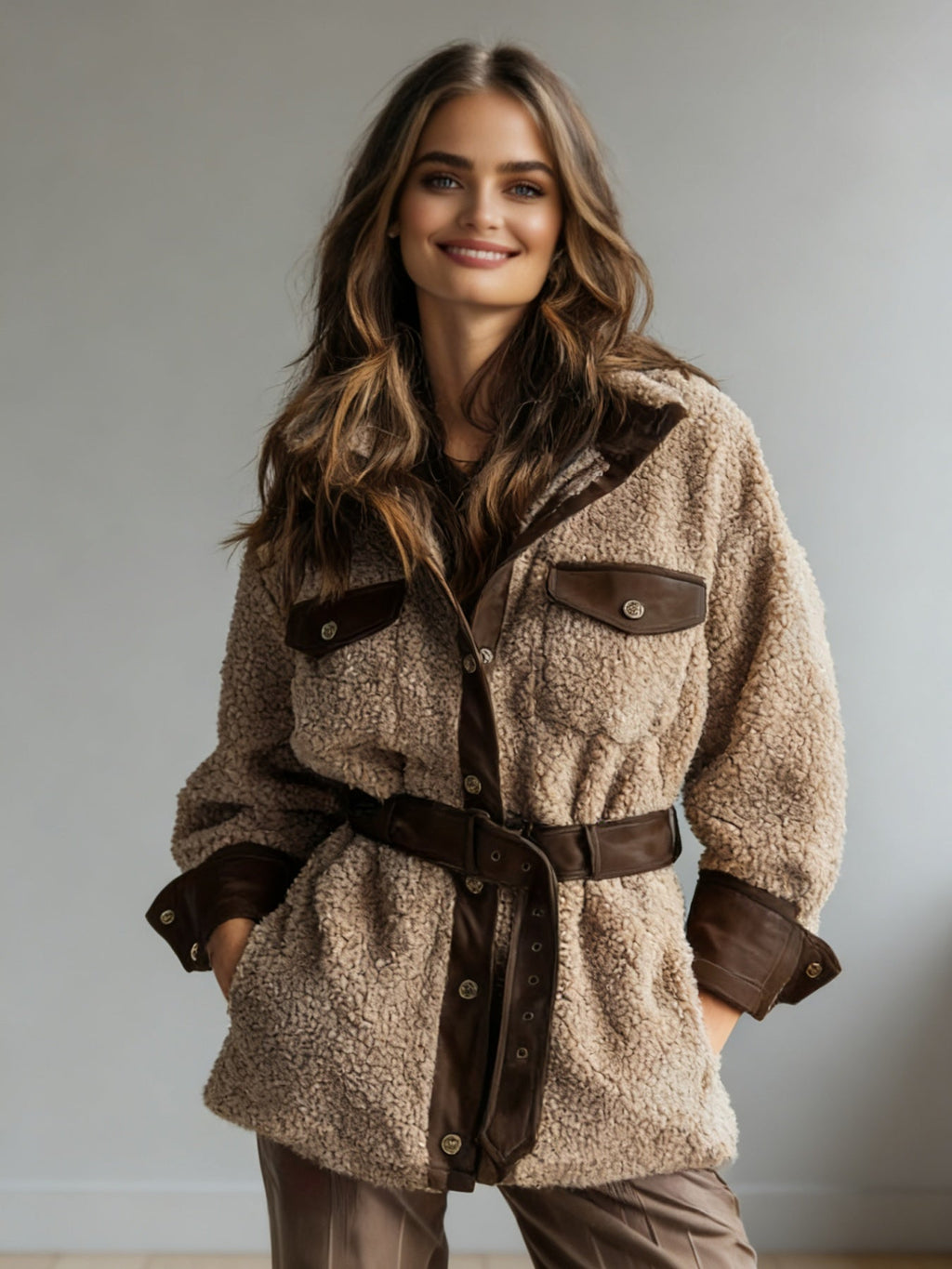 Women's Vintage PU Leather Jacket with Lamb Fur