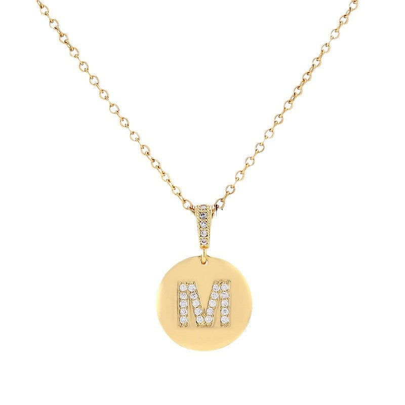 Gold Plated Zircon Initial Disc Necklace Personalized Pendant