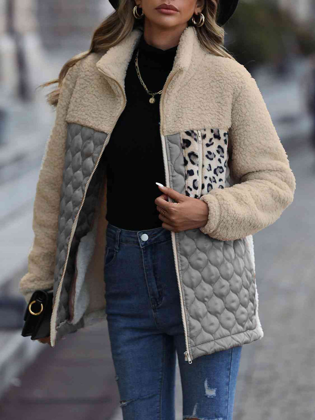 Women's Leopard Color Block Zip-Up Jacket