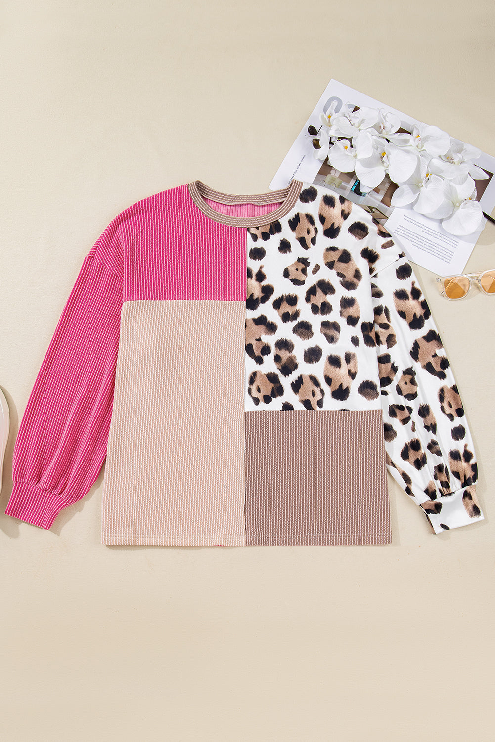 Plus Size Leopard Corded Knit Patchwork Long Sleeve Top