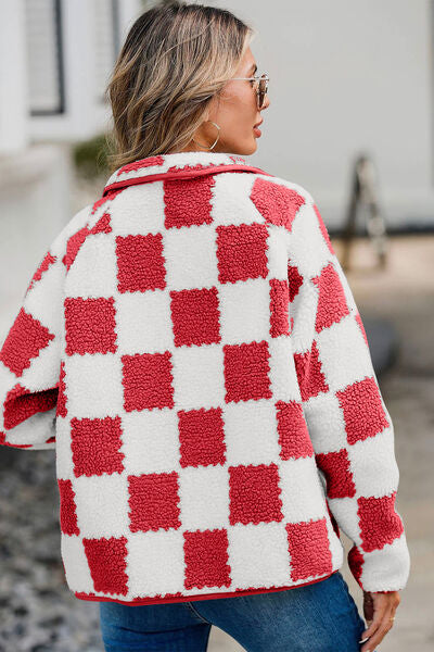Women’s Checkered Snap Down Teddy Jacket in White and Brown