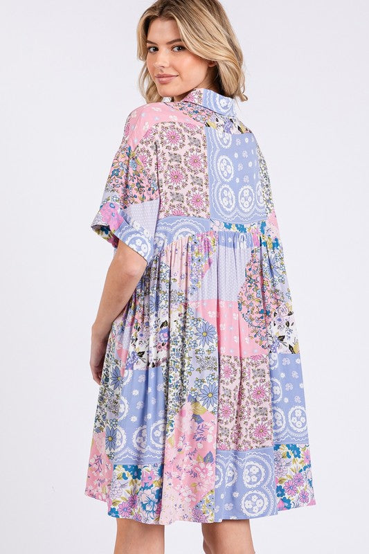 Floral Collared Mini Shirt Dress - Feminine Half Sleeve Dress
