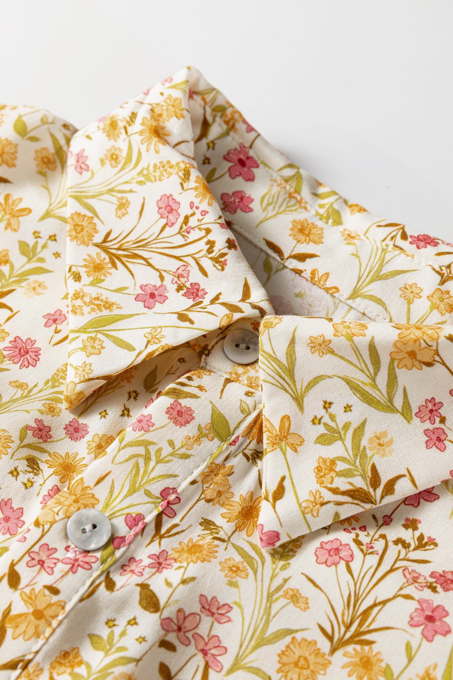 Yellow Floral Print Frilly Trim Smocked Cuff Long Sleeve Shirt Dress