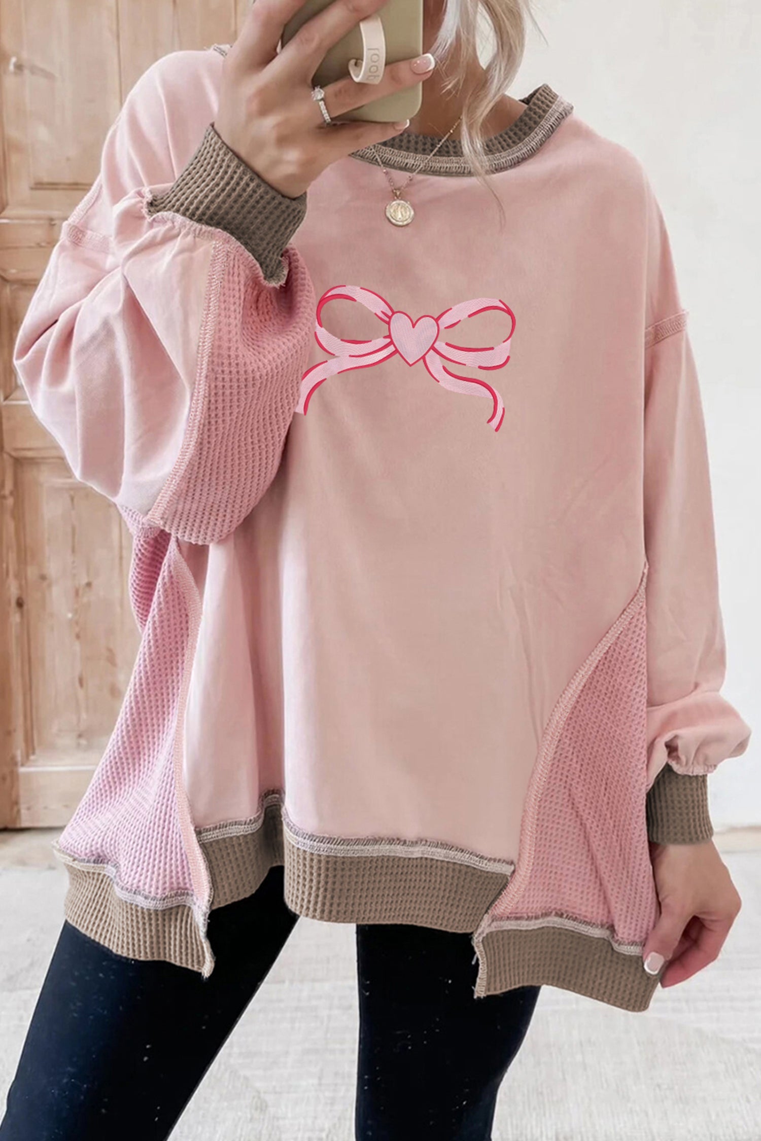 Light Pink Heart Bow Embroidered Waffle Patchwork Sweatshirt