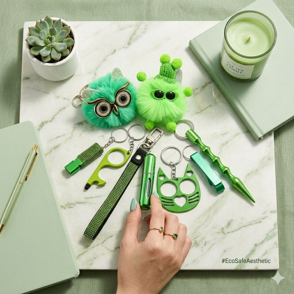 Ins Little Coal Ball Self-Defense Keychain Set with Faux-Fur Pom