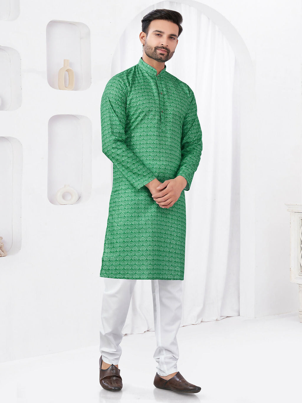 Boys Green Rayon Cotton Printed Kurta Pyjama Ethnic Set