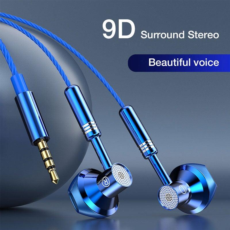 Blue wired EARDECO 9D stereo in-ear headphones with inline microphone.
