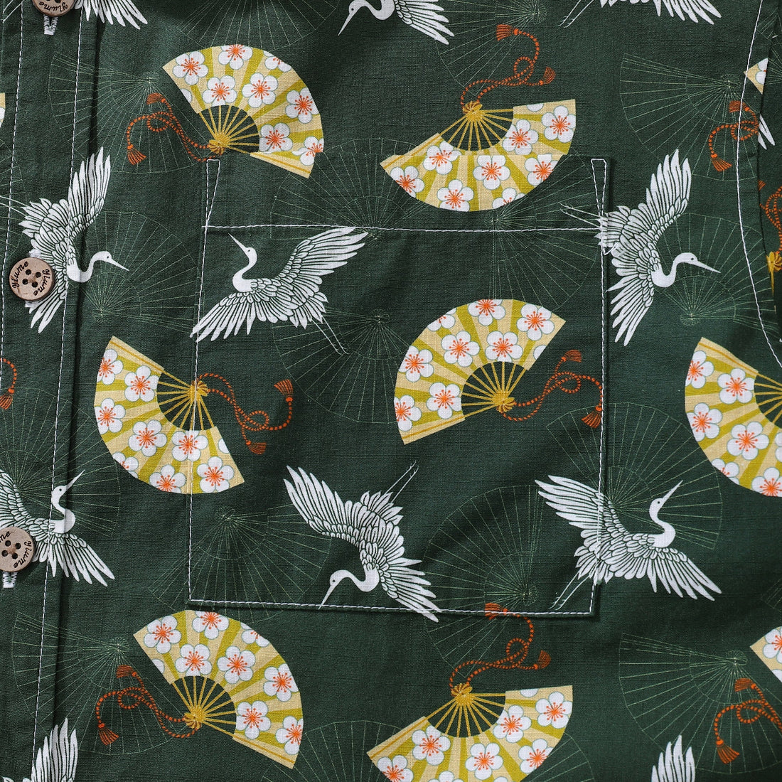 Men's Luck of the Cranes Cotton Aloha Shirt Dark Green