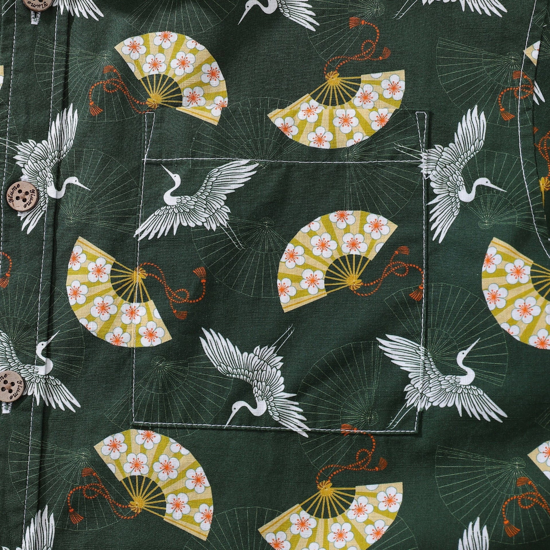 Men's Luck of the Cranes Cotton Aloha Shirt Dark Green