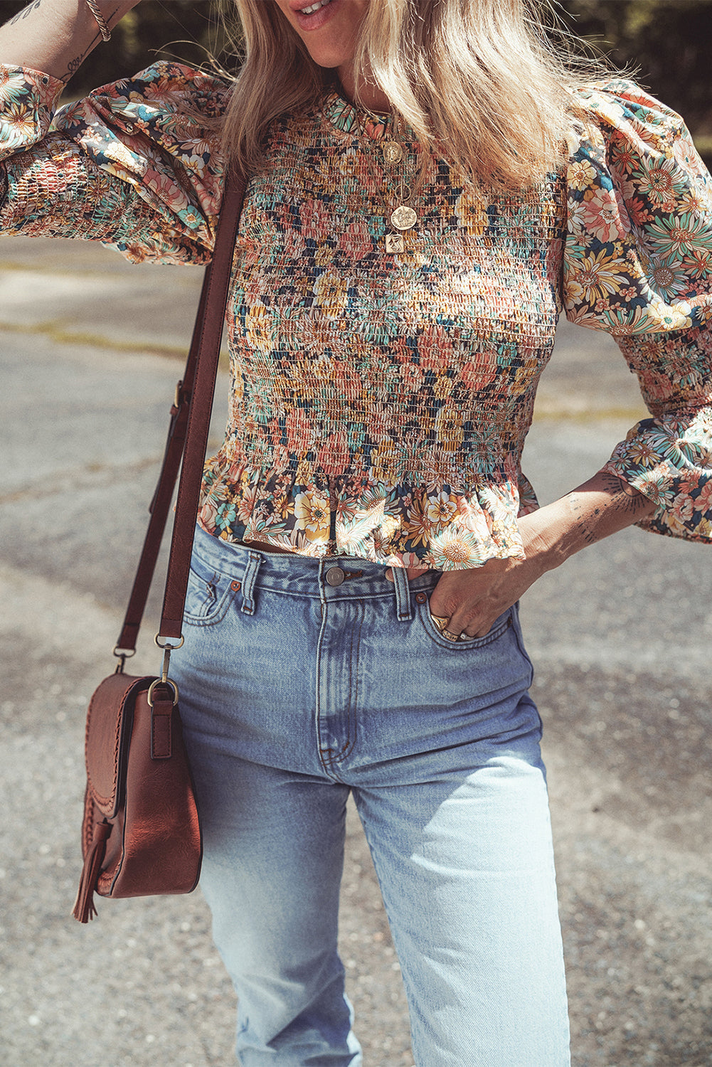 Yellow Floral Print Smocked Bubble Sleeve Crop Top