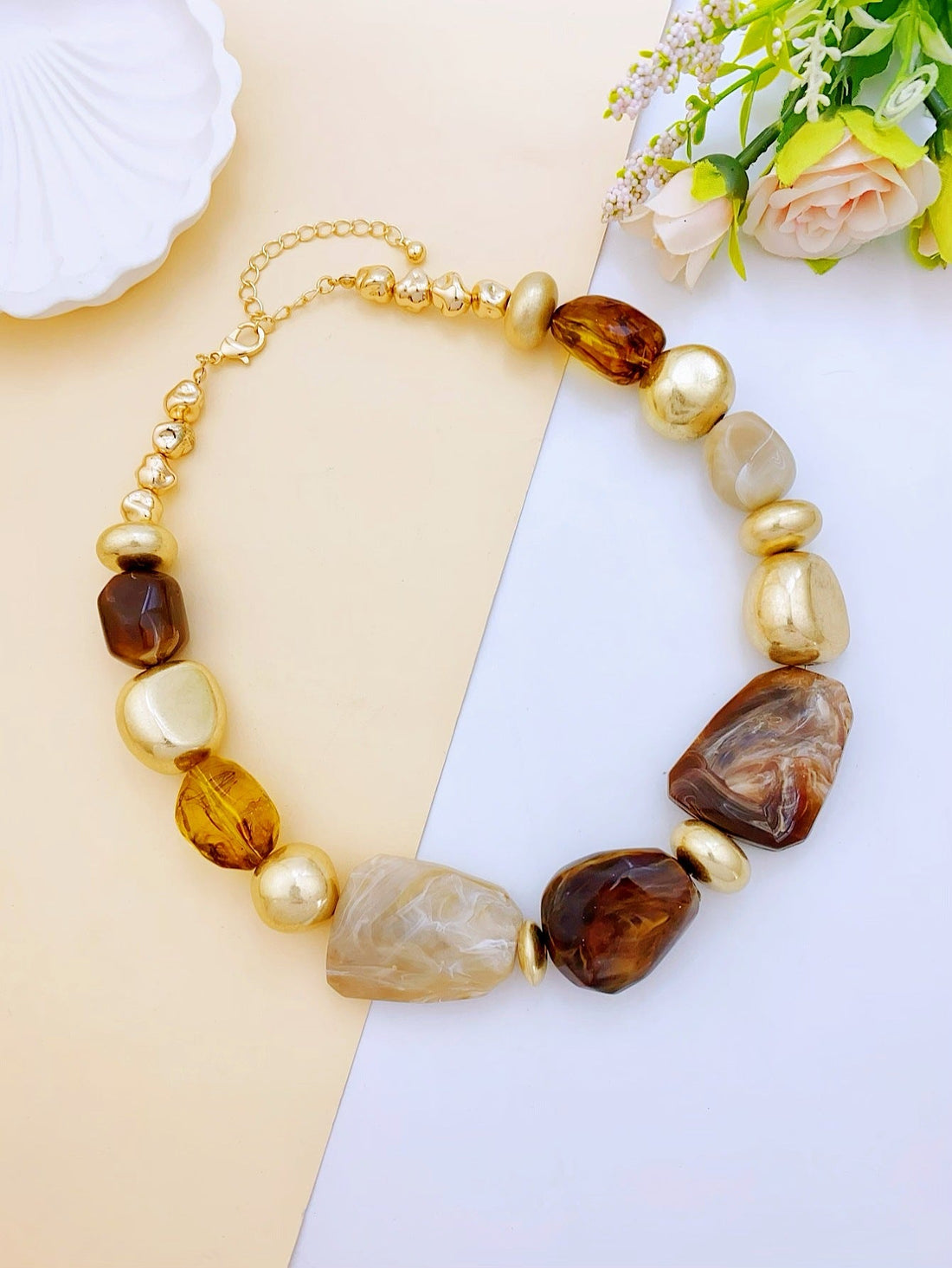 Irregular Acrylic Statement Necklace with Gold Metallic Beads