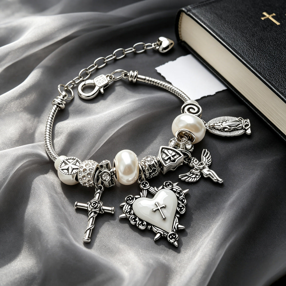 Retro Silver-White Heart And Cross Bracelet