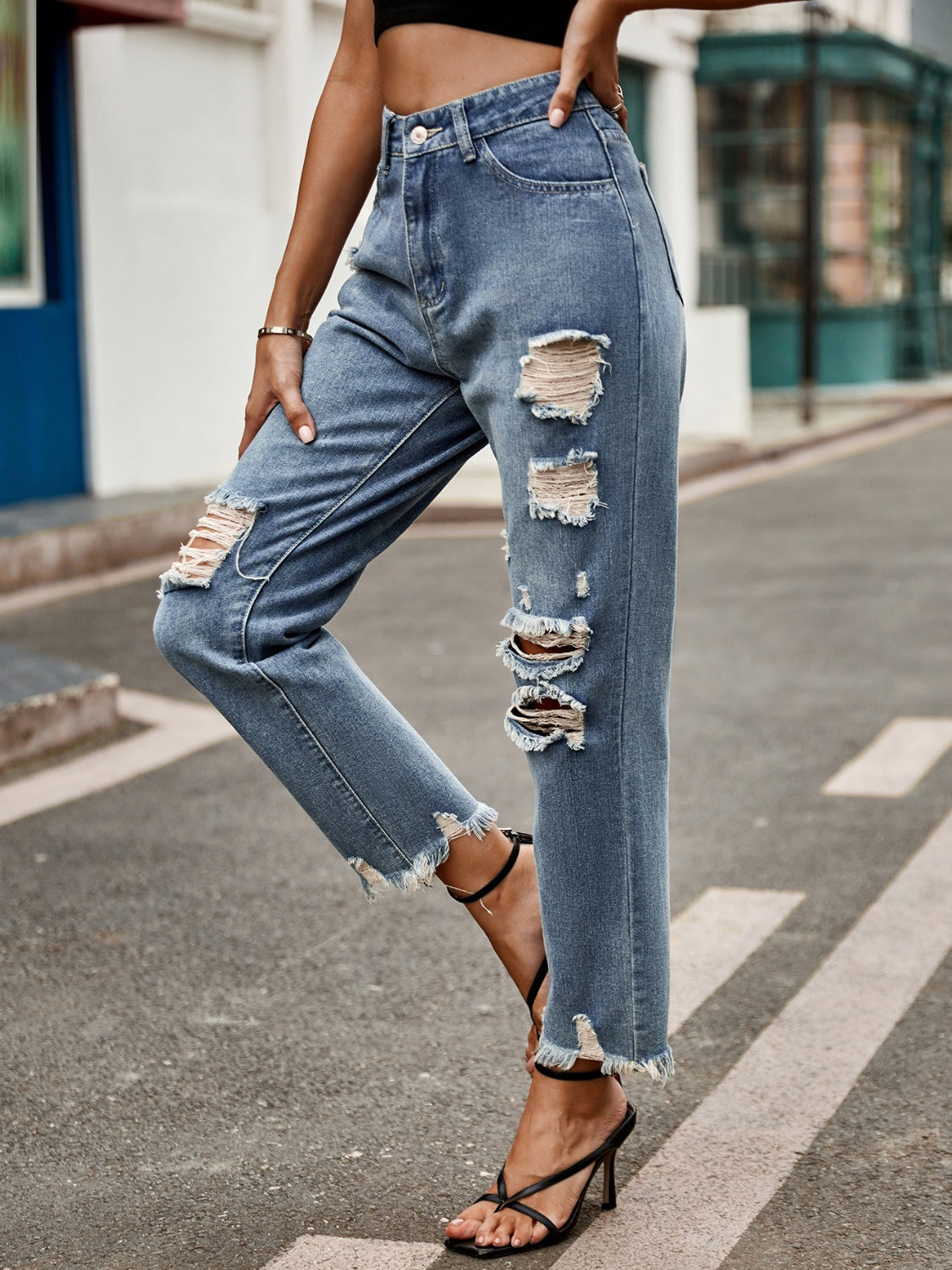 Distressed Raw Hem High Rise Jeans with Functional Pockets - Image 5