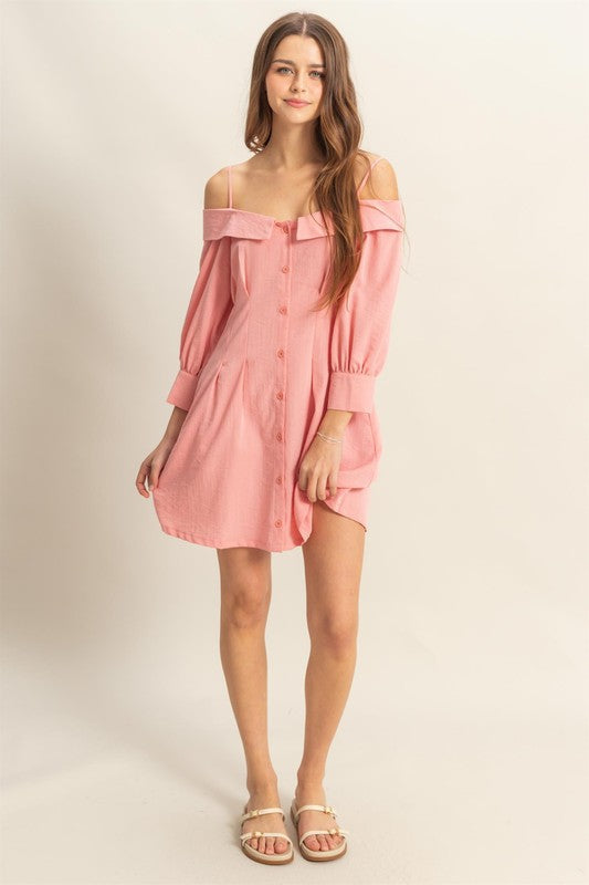 Button Down Spaghetti Strap Mini Dress with Pockets in Pink