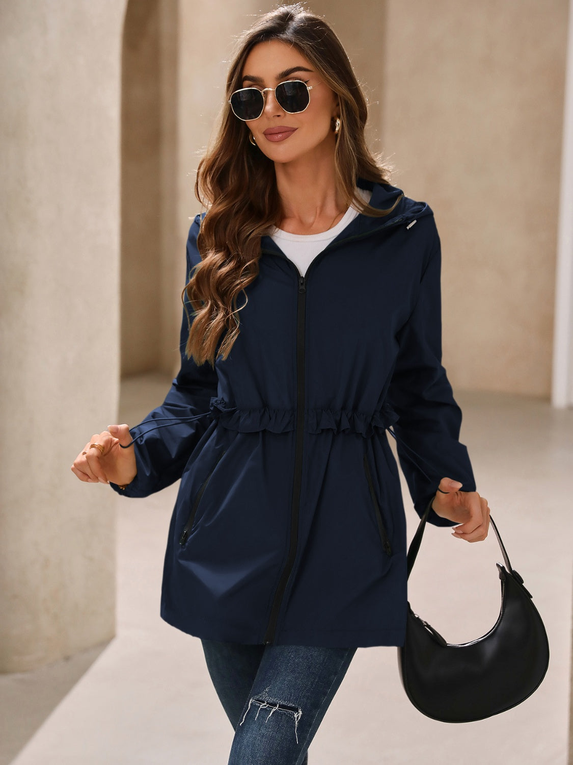 Women's Waterproof Hooded Windbreaker Jacket with Waist Detail - Image 5