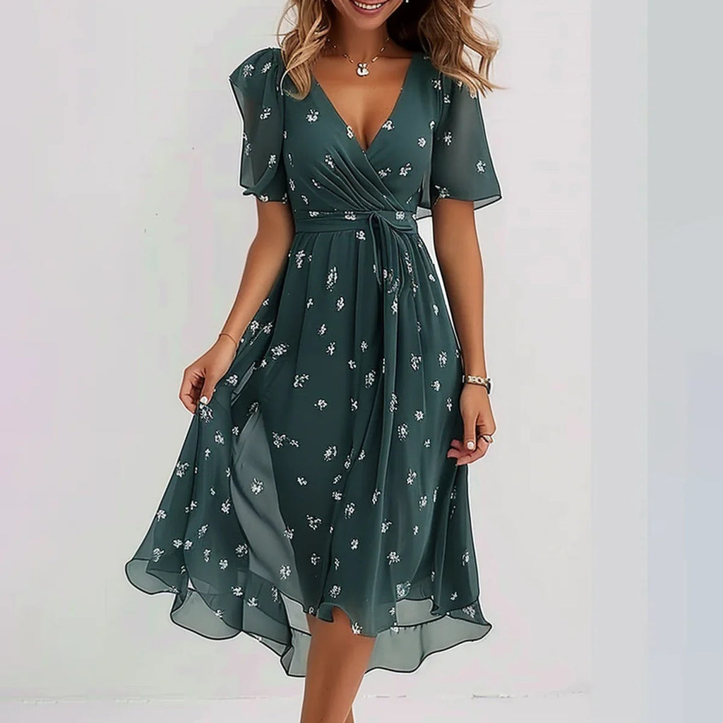 Elegant floral chiffon short sleeve dress with a mid-waist fit in green